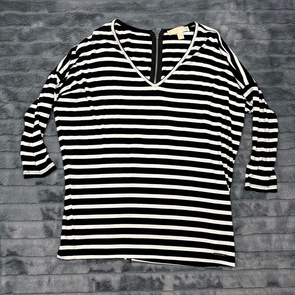 Michael Michael Kors Womens Black White Striped V-Neck Back Zip Top Large